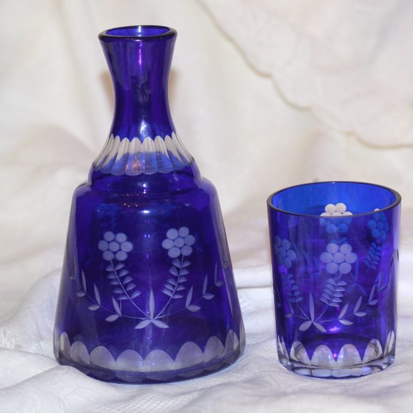 Vintage Bohemian Czech Cobalt Blue Cut to ClearEtched Glass Tumble Up Set